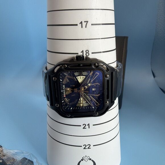 Forrad Mens Skeleton Quartz Black Watch Metal Bracelet With a heavy Padded box main image 8